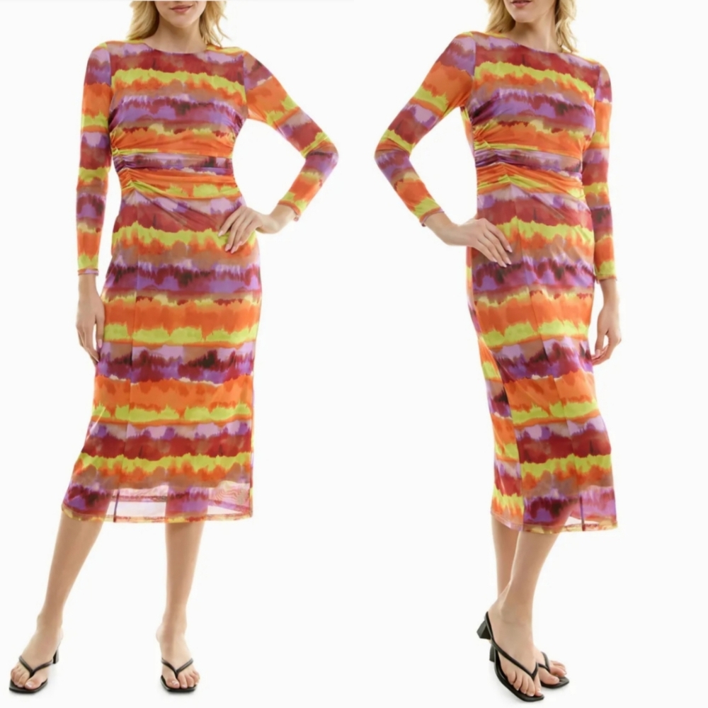 🆕️⬇️Nicole Miller Multi Color Sahara Mesh Long Sleeve Midi Dress